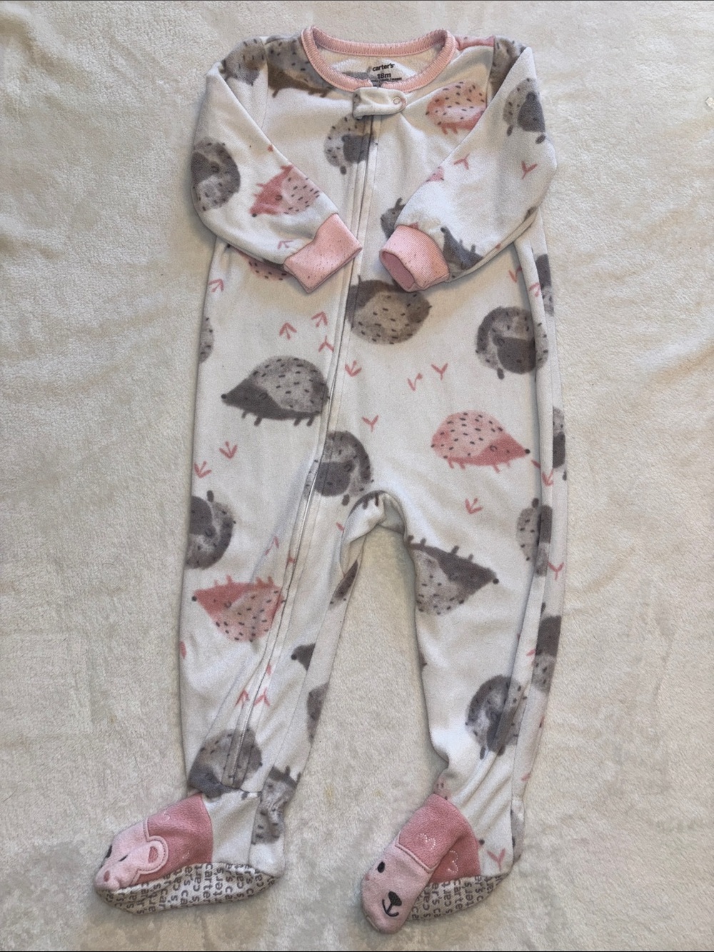 (2 for $10) Carter's Pink Gray Hedgehog Fleece Footed One-Piece sleeper 18 month